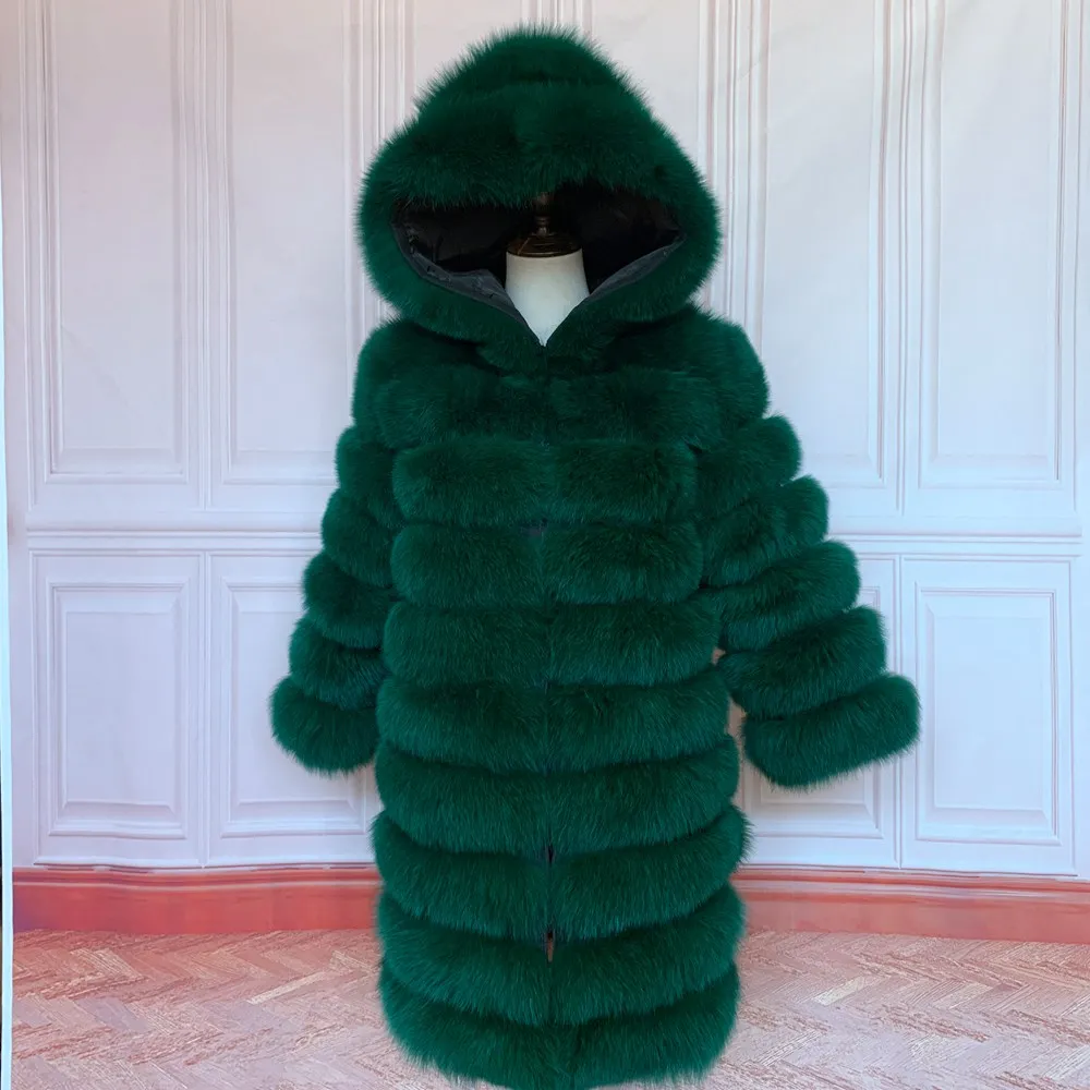 QUEENTINA Hood Fur Coat Women Real Fox Long New Luxury Female Natural Leather Jacket Warm Thick Long Winter Fur Vest Waistcoat
