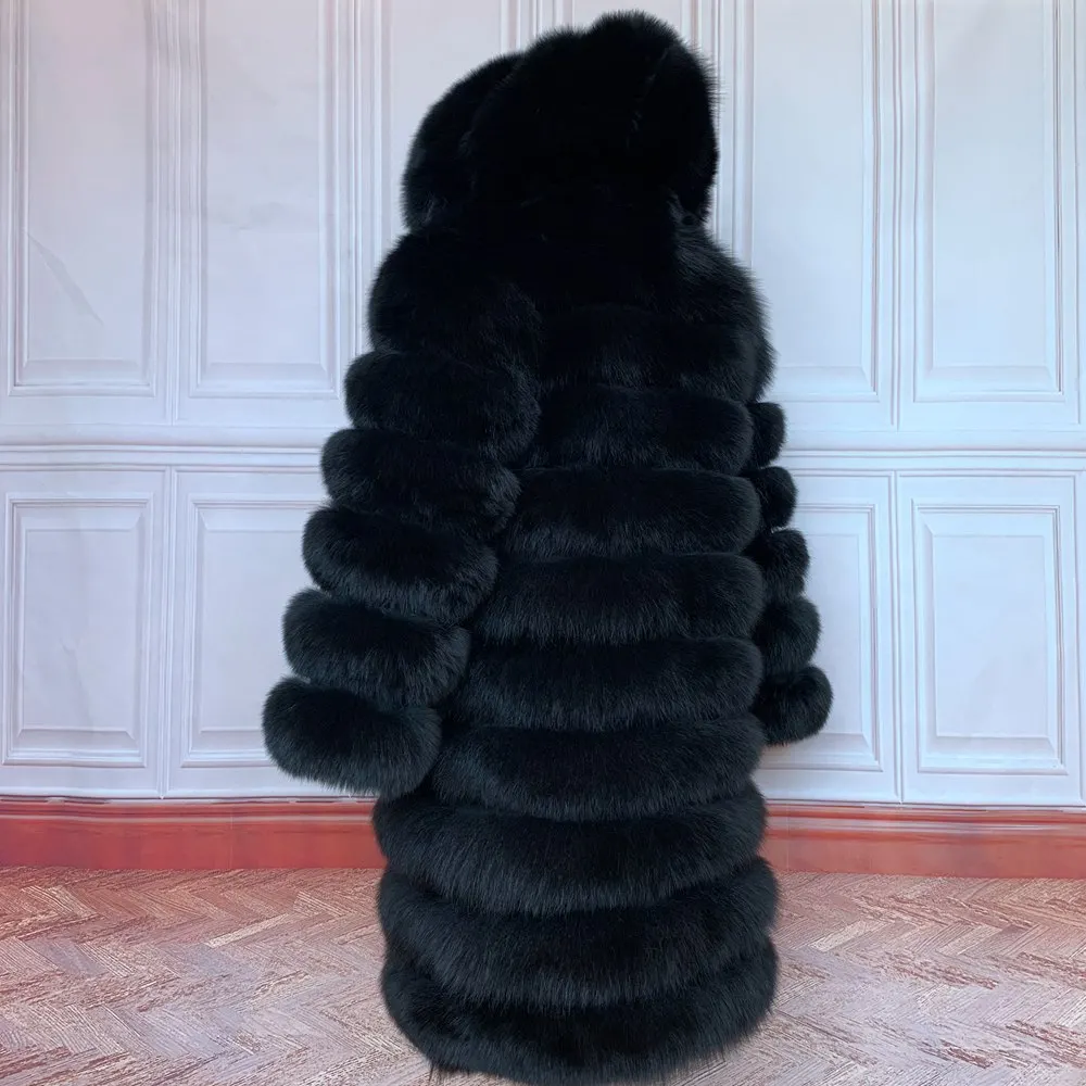 QUEENTINA Hood Fur Coat Women Real Fox Long New Luxury Female Natural Leather Jacket Warm Thick Long Winter Fur Vest Waistcoat