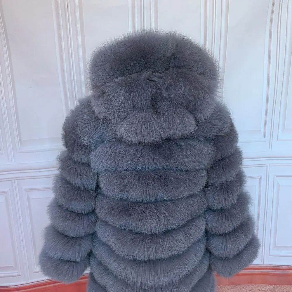 QUEENTINA Hood Fur Coat Women Real Fox Long New Luxury Female Natural Leather Jacket Warm Thick Long Winter Fur Vest Waistcoat