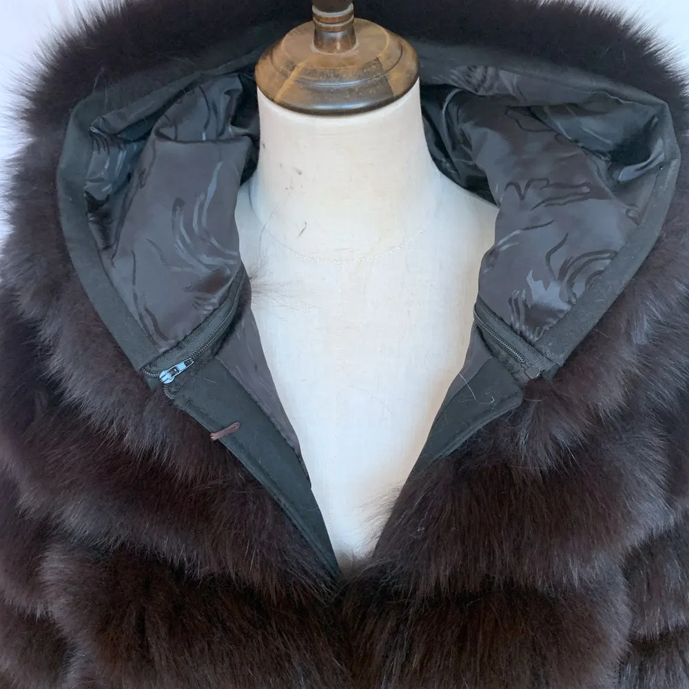 QUEENTINA Hood Fur Coat Women Real Fox Long New Luxury Female Natural Leather Jacket Warm Thick Long Winter Fur Vest Waistcoat