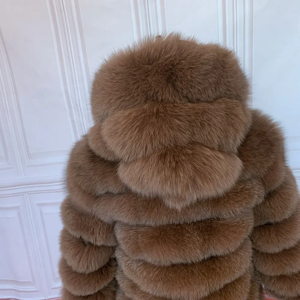 QUEENTINA Hood Fur Coat Women Real Fox Long New Luxury Female Natural Leather Jacket Warm Thick Long Winter Fur Vest Waistcoat