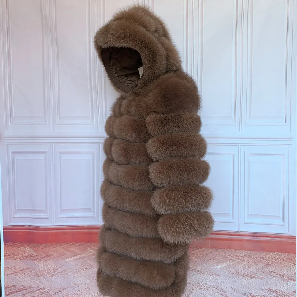 QUEENTINA Hood Fur Coat Women Real Fox Long New Luxury Female Natural Leather Jacket Warm Thick Long Winter Fur Vest Waistcoat