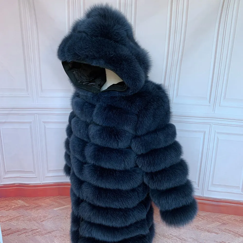 QUEENTINA Hood Fur Coat Women Real Fox Long New Luxury Female Natural Leather Jacket Warm Thick Long Winter Fur Vest Waistcoat