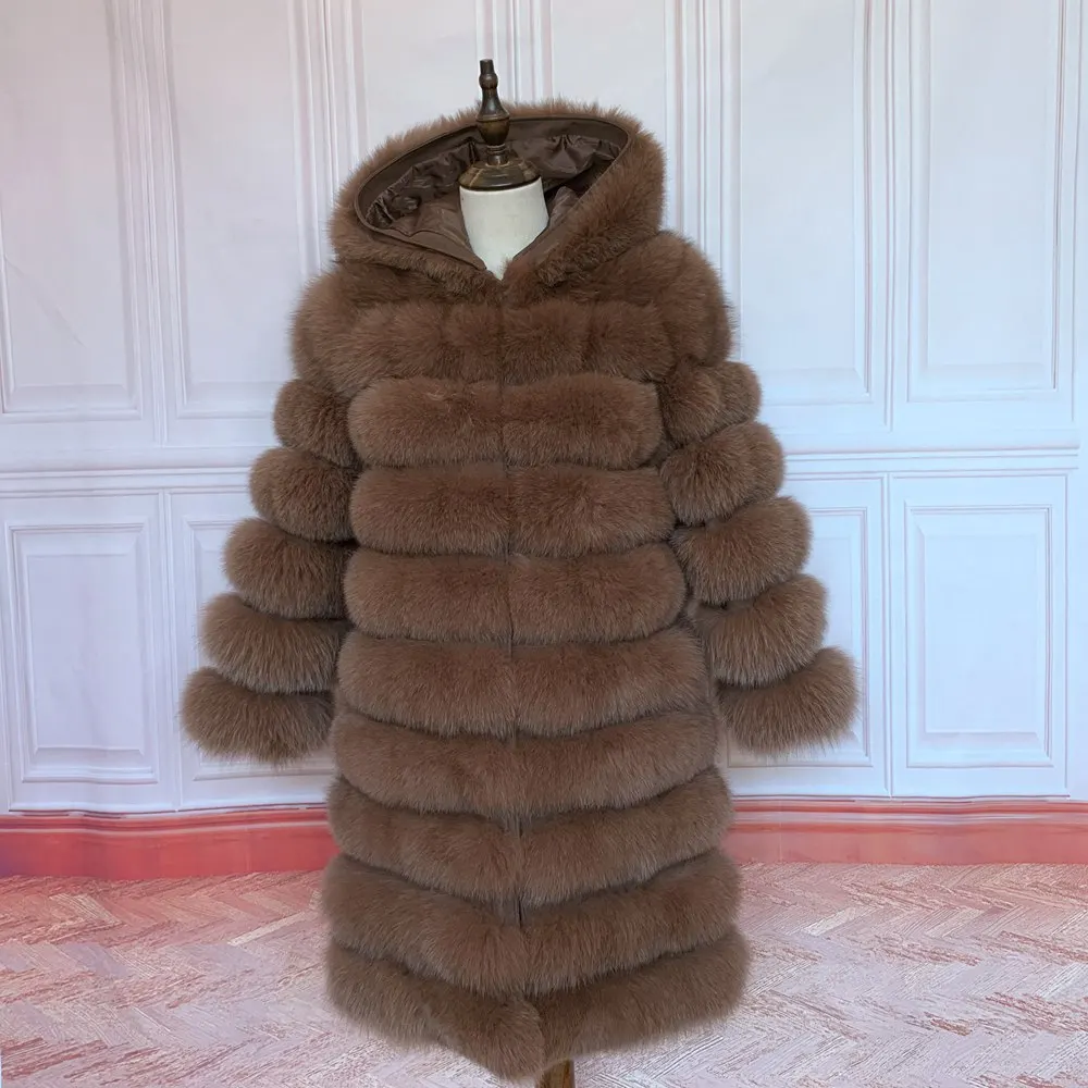 QUEENTINA Hood Fur Coat Women Real Fox Long New Luxury Female Natural Leather Jacket Warm Thick Long Winter Fur Vest Waistcoat