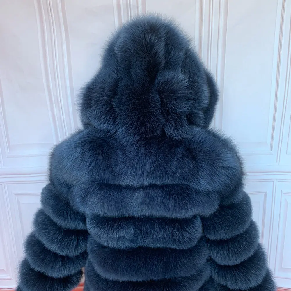 QUEENTINA Hood Fur Coat Women Real Fox Long New Luxury Female Natural Leather Jacket Warm Thick Long Winter Fur Vest Waistcoat