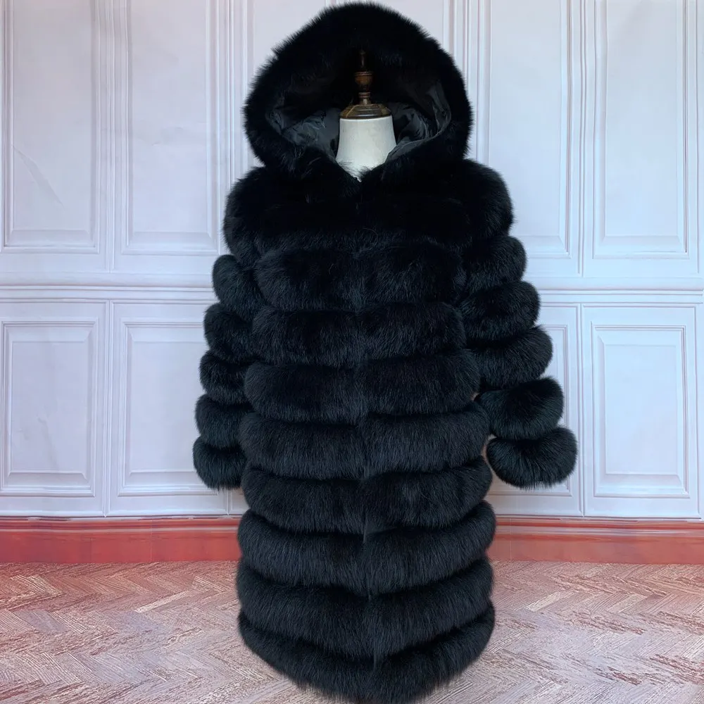 QUEENTINA Hood Fur Coat Women Real Fox Long New Luxury Female Natural Leather Jacket Warm Thick Long Winter Fur Vest Waistcoat