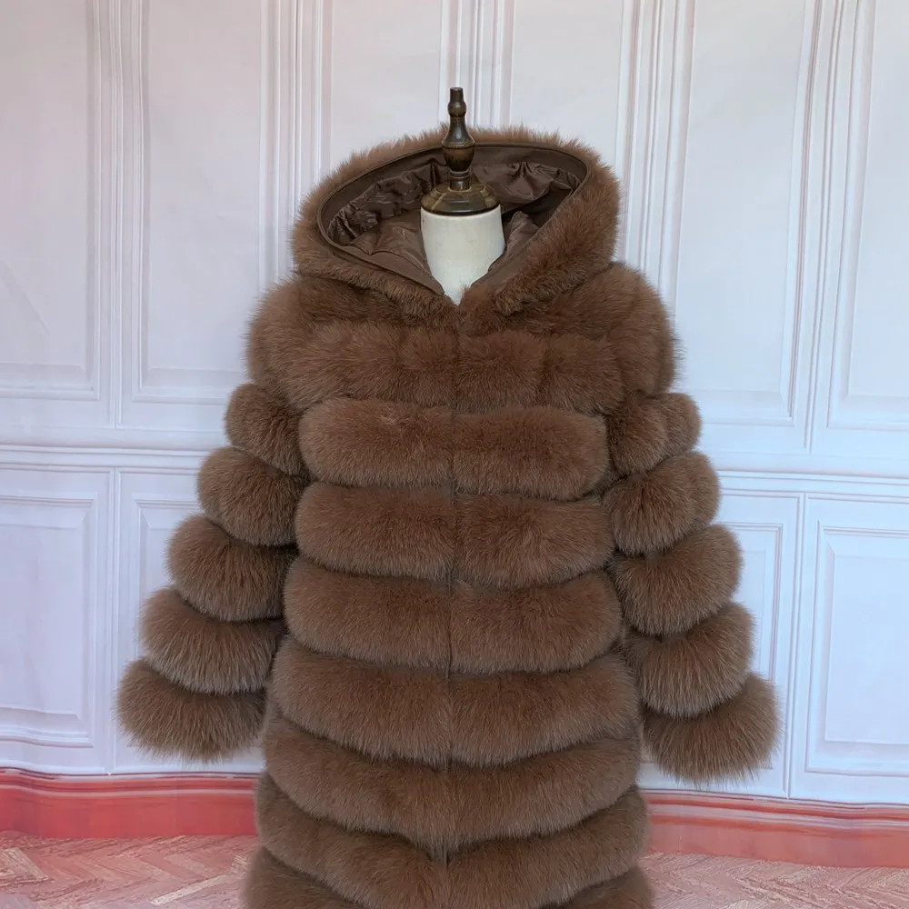 QUEENTINA Hood Fur Coat Women Real Fox Long New Luxury Female Natural Leather Jacket Warm Thick Long Winter Fur Vest Waistcoat