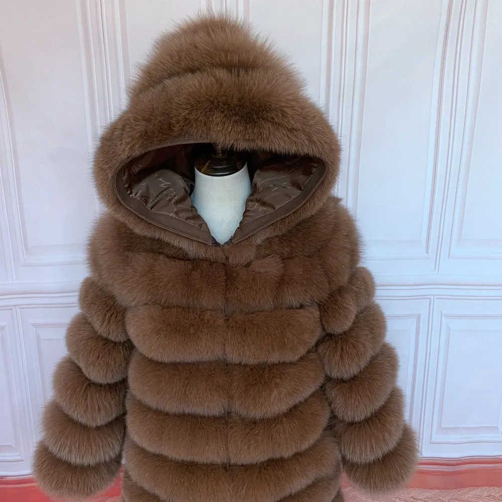 QUEENTINA Hood Fur Coat Women Real Fox Long New Luxury Female Natural Leather Jacket Warm Thick Long Winter Fur Vest Waistcoat