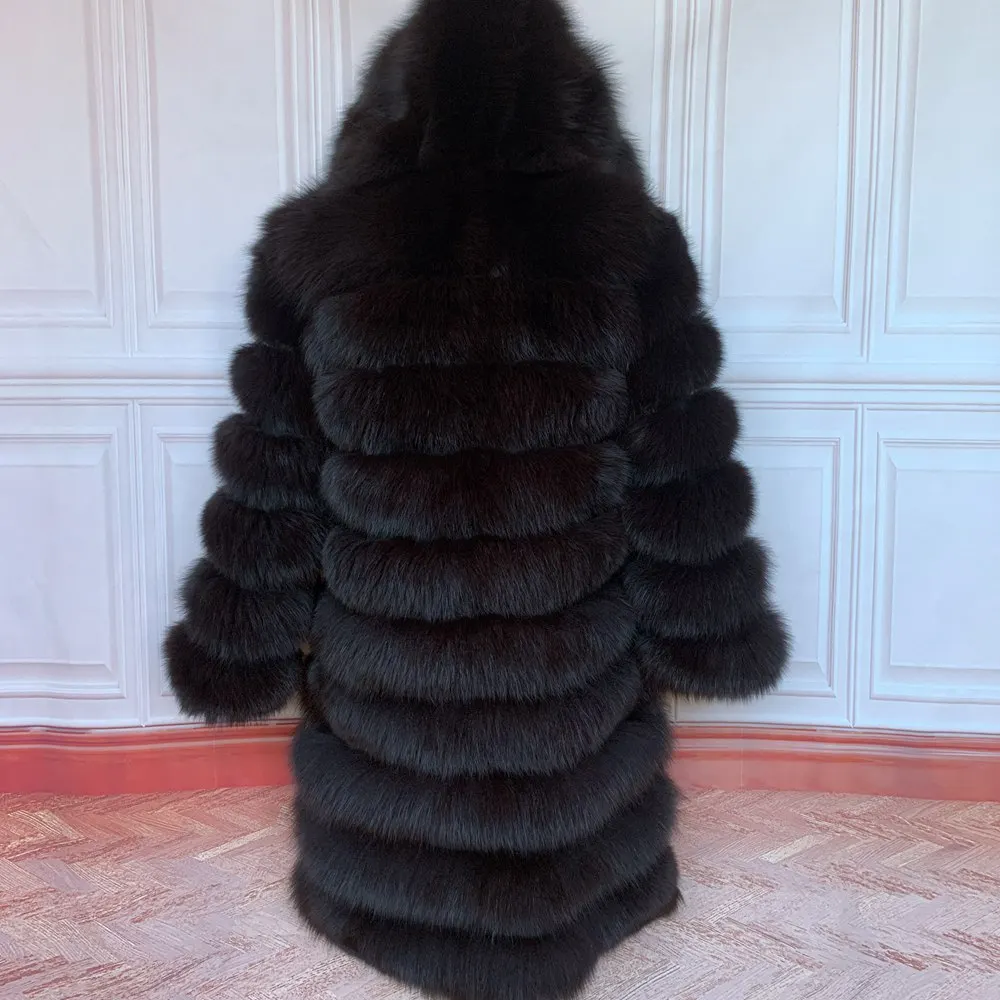 QUEENTINA Hood Fur Coat Women Real Fox Long New Luxury Female Natural Leather Jacket Warm Thick Long Winter Fur Vest Waistcoat