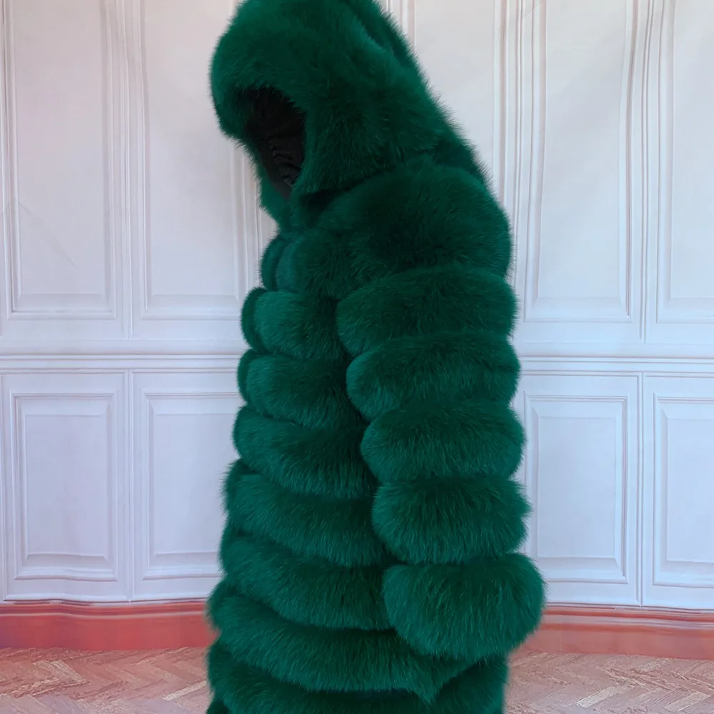 QUEENTINA Hood Fur Coat Women Real Fox Long New Luxury Female Natural Leather Jacket Warm Thick Long Winter Fur Vest Waistcoat
