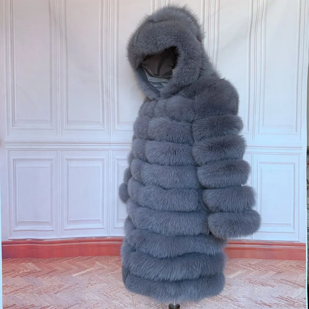 QUEENTINA Hood Fur Coat Women Real Fox Long New Luxury Female Natural Leather Jacket Warm Thick Long Winter Fur Vest Waistcoat