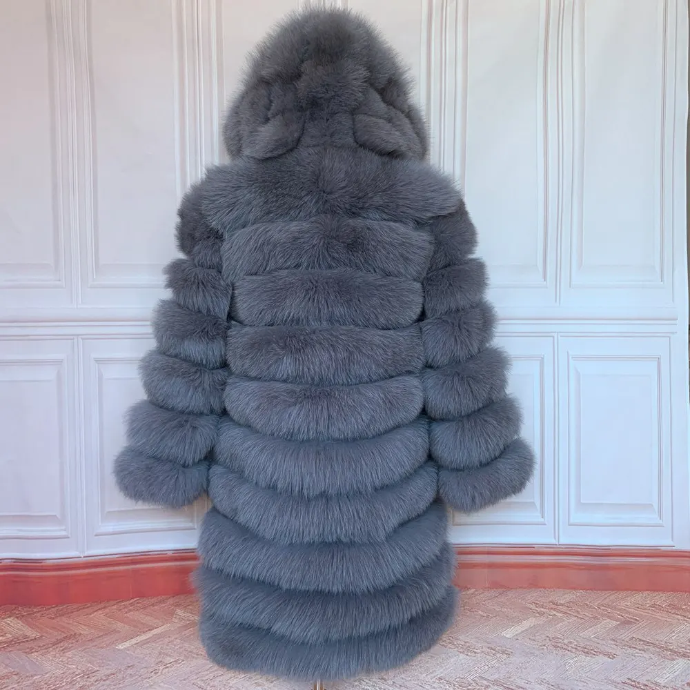 QUEENTINA Hood Fur Coat Women Real Fox Long New Luxury Female Natural Leather Jacket Warm Thick Long Winter Fur Vest Waistcoat