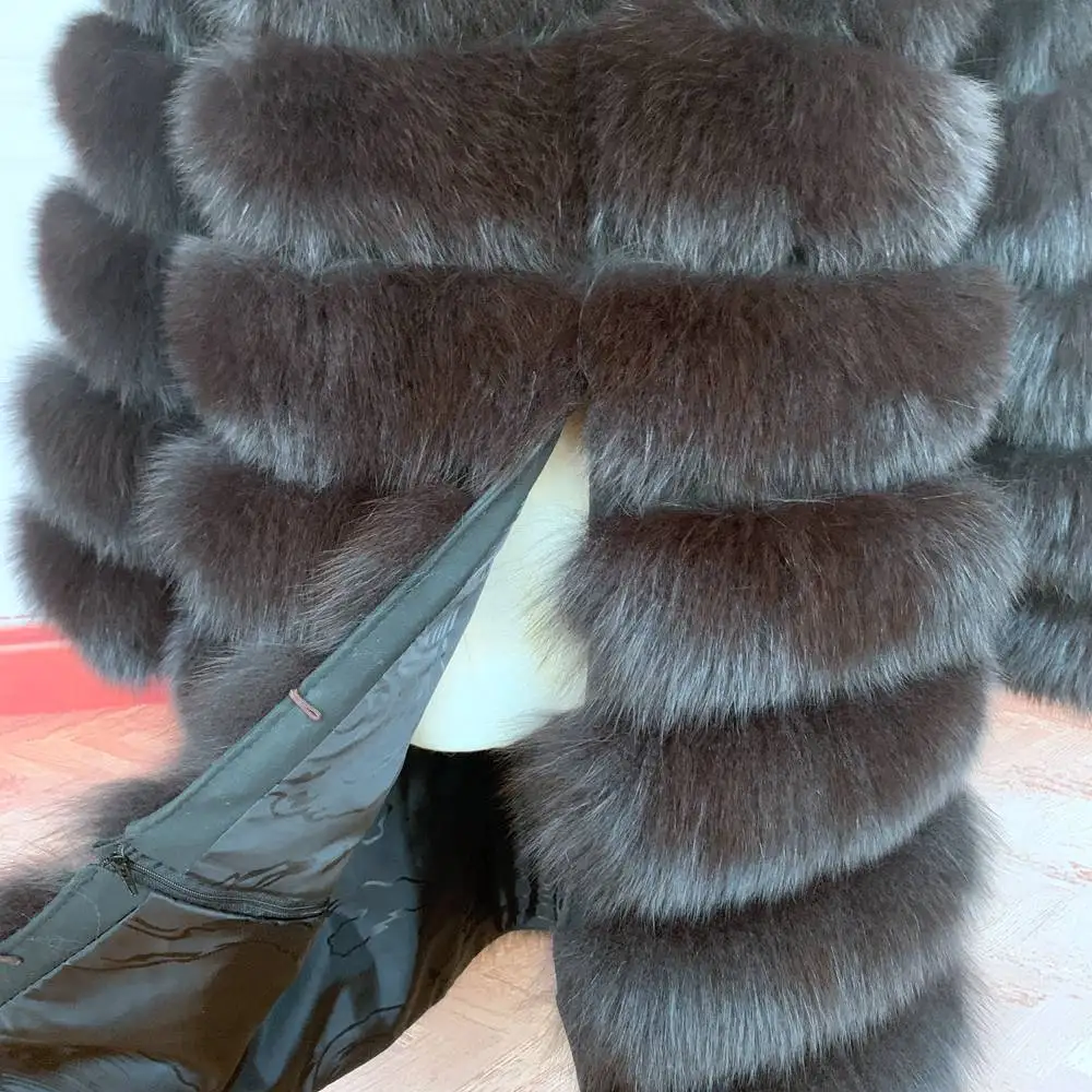 QUEENTINA Hood Fur Coat Women Real Fox Long New Luxury Female Natural Leather Jacket Warm Thick Long Winter Fur Vest Waistcoat