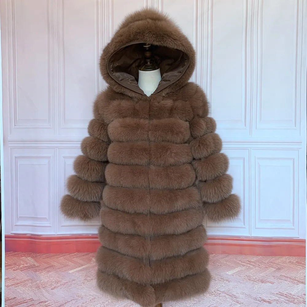 QUEENTINA Hood Fur Coat Women Real Fox Long New Luxury Female Natural Leather Jacket Warm Thick Long Winter Fur Vest Waistcoat