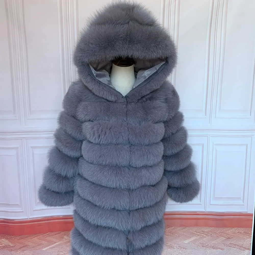 QUEENTINA Hood Fur Coat Women Real Fox Long New Luxury Female Natural Leather Jacket Warm Thick Long Winter Fur Vest Waistcoat