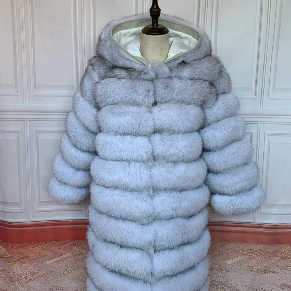 QUEENTINA Hood Fur Coat Women Real Fox Long New Luxury Female Natural Leather Jacket Warm Thick Long Winter Fur Vest Waistcoat