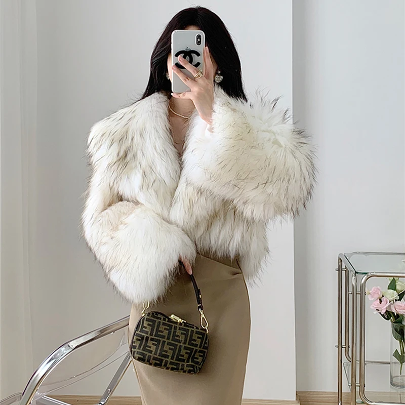 Women's Raccoon Dog Fur Jacket Winter Korean Style Short Slim Fit Large Lapel Sexy Office Lady Real Fur Coat 2025 Fashion