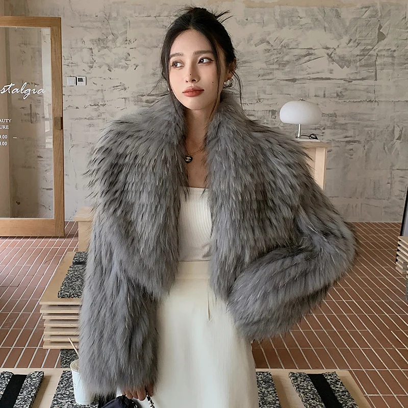 Women's Raccoon Dog Fur Jacket Winter Korean Style Short Slim Fit Large Lapel Sexy Office Lady Real Fur Coat 2025 Fashion