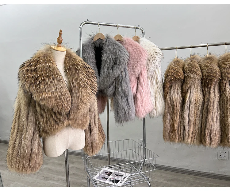 Women's Raccoon Dog Fur Jacket Winter Korean Style Short Slim Fit Large Lapel Sexy Office Lady Real Fur Coat 2025 Fashion