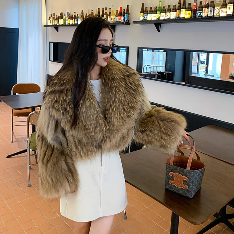 Women's Raccoon Dog Fur Jacket Winter Korean Style Short Slim Fit Large Lapel Sexy Office Lady Real Fur Coat 2025 Fashion