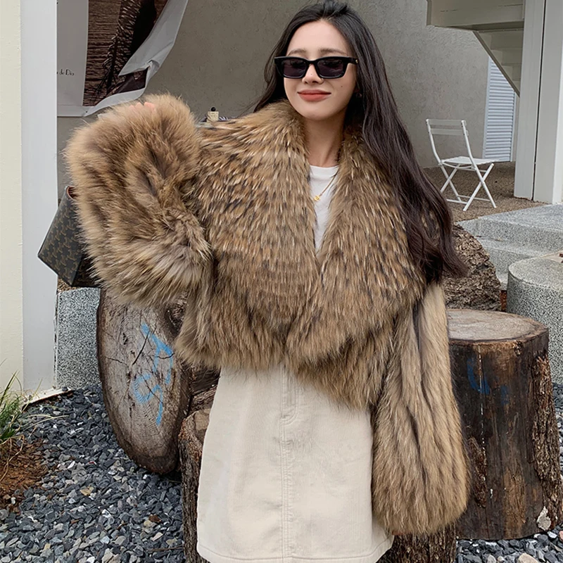 Women's Raccoon Dog Fur Jacket Winter Korean Style Short Slim Fit Large Lapel Sexy Office Lady Real Fur Coat 2025 Fashion