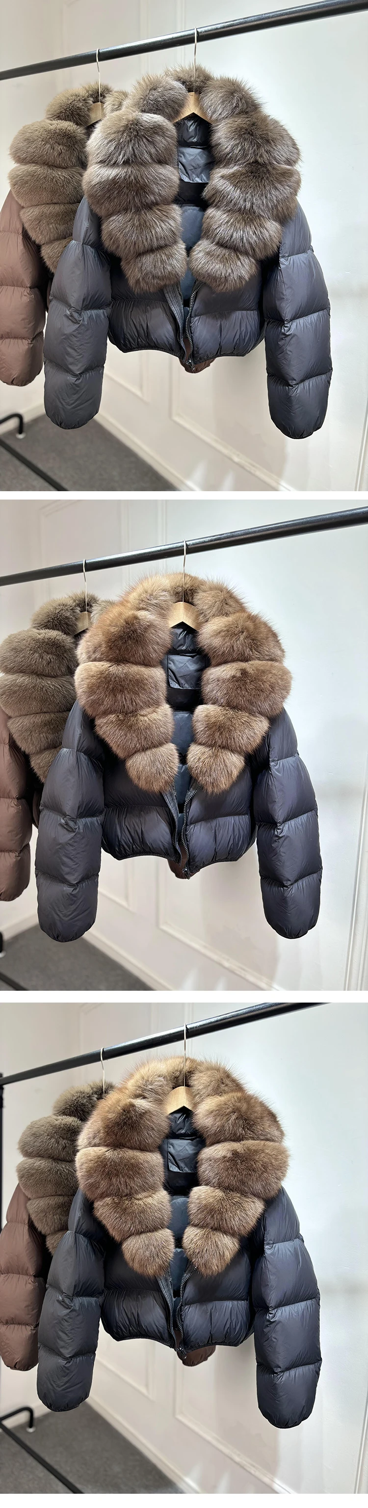 2025 New Winter Real Huge Natural Fox Fur Collar Thicken Warm 90% White Duck Down Jacket Women Casual Short Puffer Fur Coats