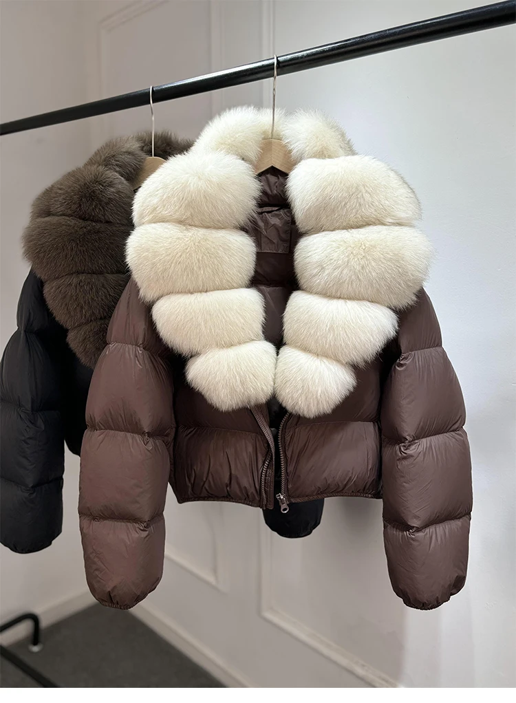 2025 New Winter Real Huge Natural Fox Fur Collar Thicken Warm 90% White Duck Down Jacket Women Casual Short Puffer Fur Coats