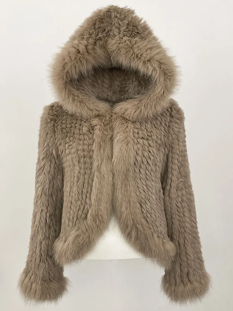 OFTBUY New Autumn Winter Hooded Real Fox Fur Jacket Natural Rabbit Fur Coat Women Fashion Solid Kintting Fur Outerwear Female