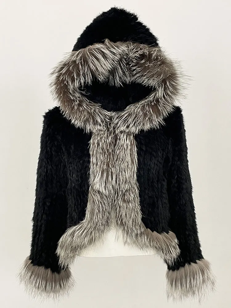 OFTBUY New Autumn Winter Hooded Real Fox Fur Jacket Natural Rabbit Fur Coat Women Fashion Solid Kintting Fur Outerwear Female