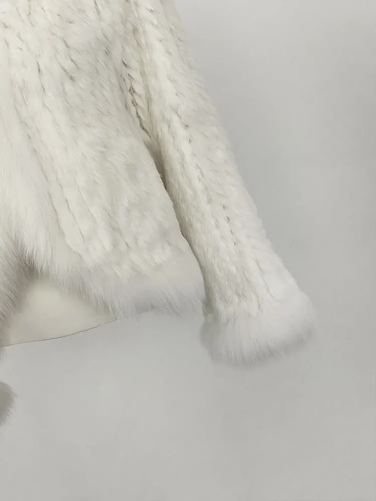 OFTBUY New Autumn Winter Hooded Real Fox Fur Jacket Natural Rabbit Fur Coat Women Fashion Solid Kintting Fur Outerwear Female