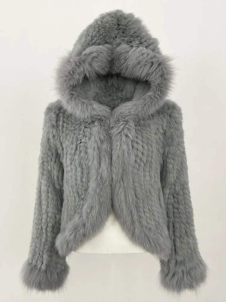 OFTBUY New Autumn Winter Hooded Real Fox Fur Jacket Natural Rabbit Fur Coat Women Fashion Solid Kintting Fur Outerwear Female