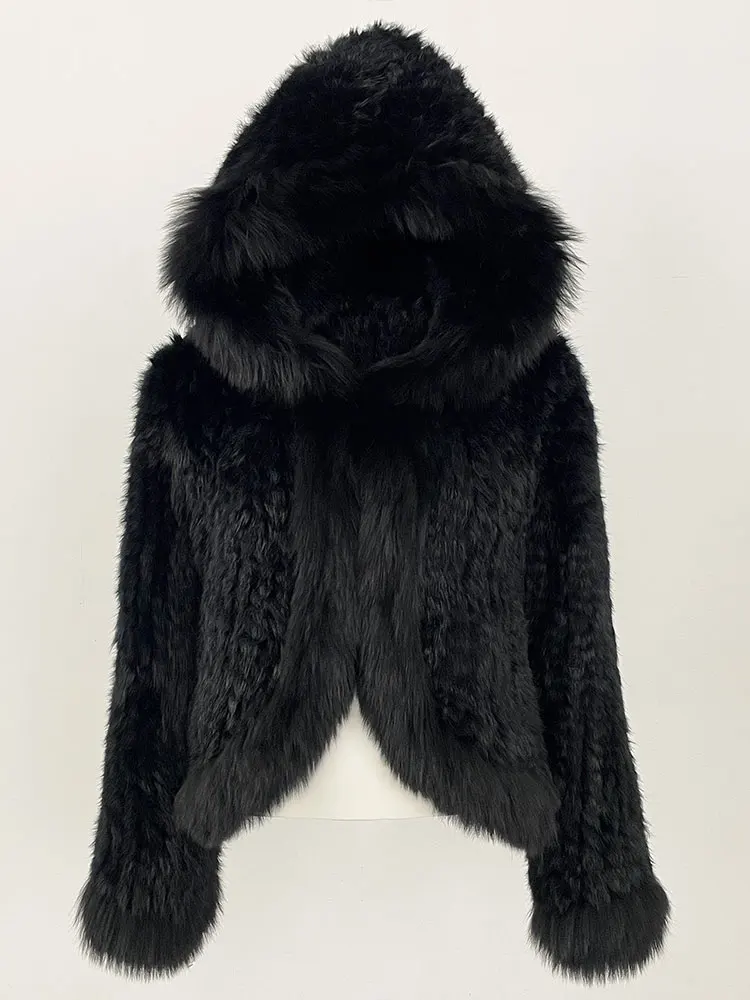 OFTBUY New Autumn Winter Hooded Real Fox Fur Jacket Natural Rabbit Fur Coat Women Fashion Solid Kintting Fur Outerwear Female