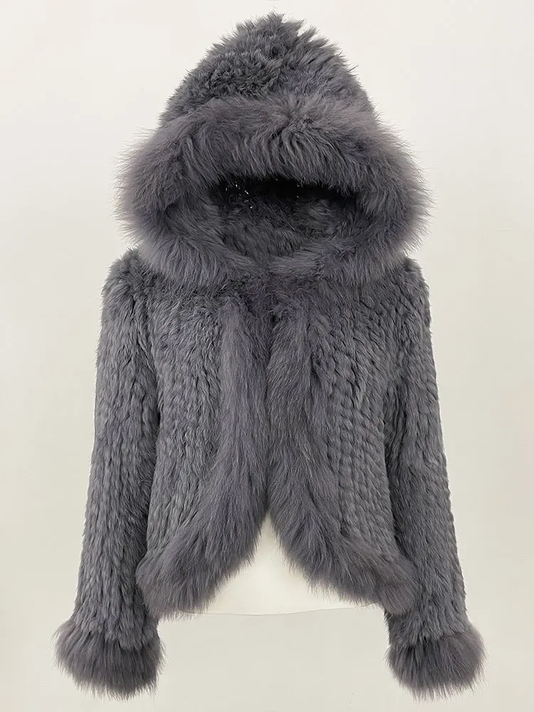OFTBUY New Autumn Winter Hooded Real Fox Fur Jacket Natural Rabbit Fur Coat Women Fashion Solid Kintting Fur Outerwear Female