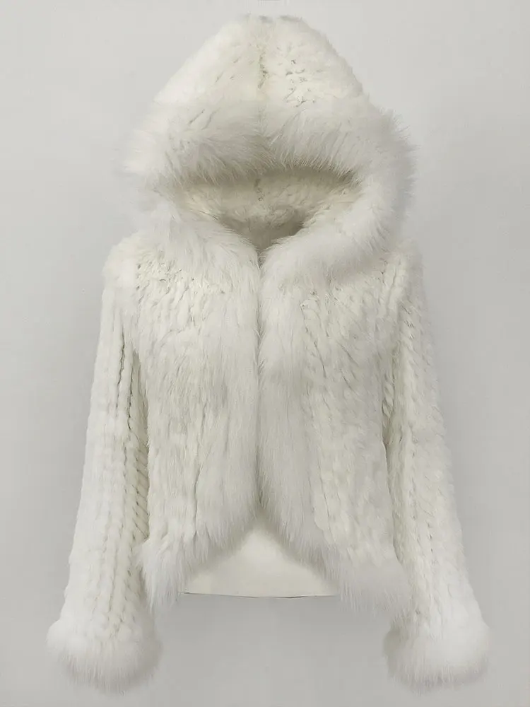 OFTBUY New Autumn Winter Hooded Real Fox Fur Jacket Natural Rabbit Fur Coat Women Fashion Solid Kintting Fur Outerwear Female