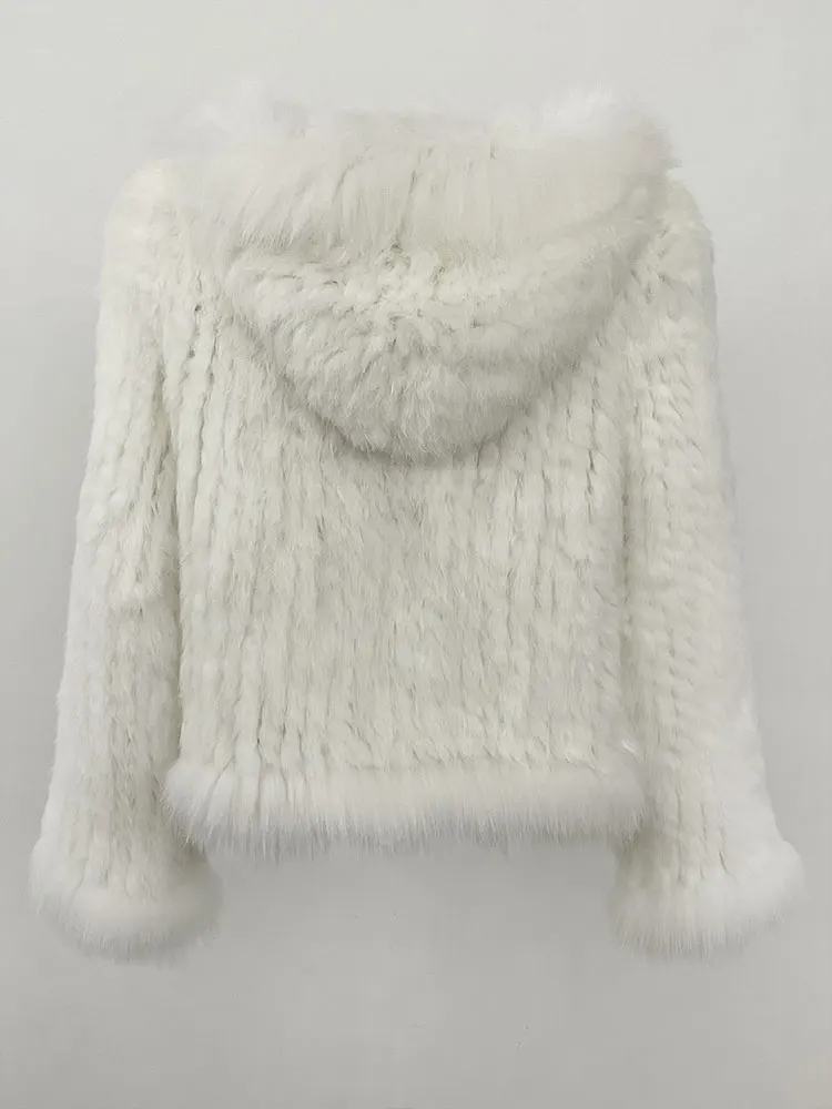 OFTBUY New Autumn Winter Hooded Real Fox Fur Jacket Natural Rabbit Fur Coat Women Fashion Solid Kintting Fur Outerwear Female