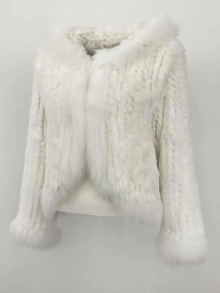 OFTBUY New Autumn Winter Hooded Real Fox Fur Jacket Natural Rabbit Fur Coat Women Fashion Solid Kintting Fur Outerwear Female