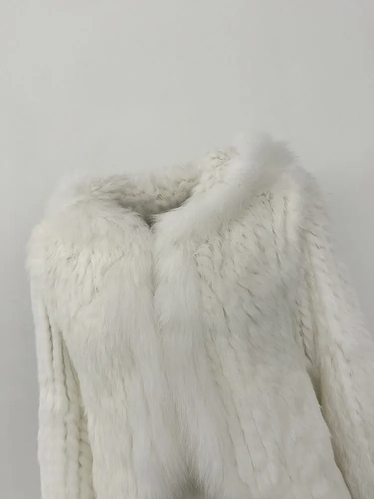 OFTBUY New Autumn Winter Hooded Real Fox Fur Jacket Natural Rabbit Fur Coat Women Fashion Solid Kintting Fur Outerwear Female