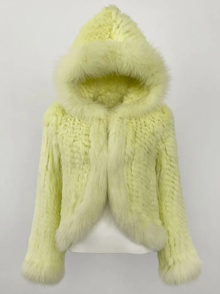 OFTBUY New Autumn Winter Hooded Real Fox Fur Jacket Natural Rabbit Fur Coat Women Fashion Solid Kintting Fur Outerwear Female