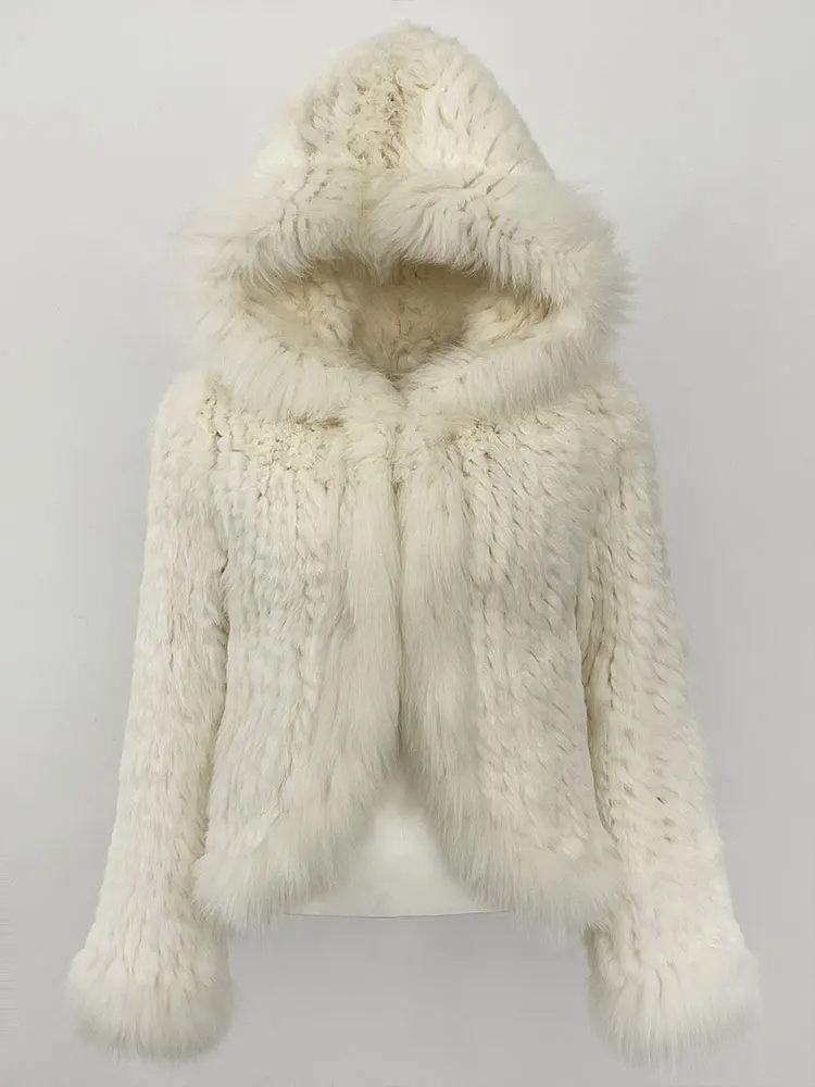 OFTBUY New Autumn Winter Hooded Real Fox Fur Jacket Natural Rabbit Fur Coat Women Fashion Solid Kintting Fur Outerwear Female