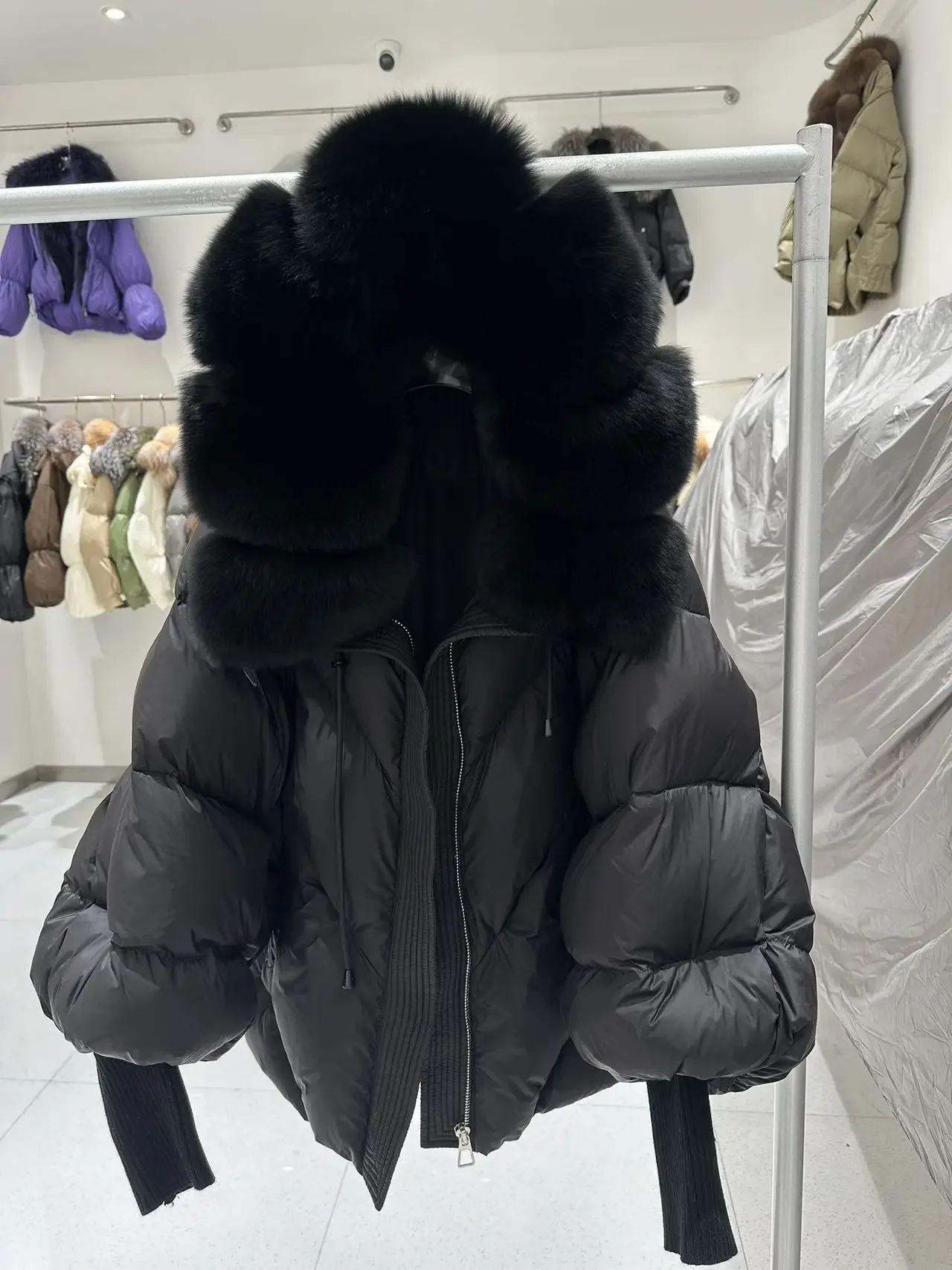 OFTBUY 2025 New Winter Large Real Fur Hooded Puffer Jacket Women White Duck Down Mid Long ParkaThicken Warm Knitted Sleeve Coat
