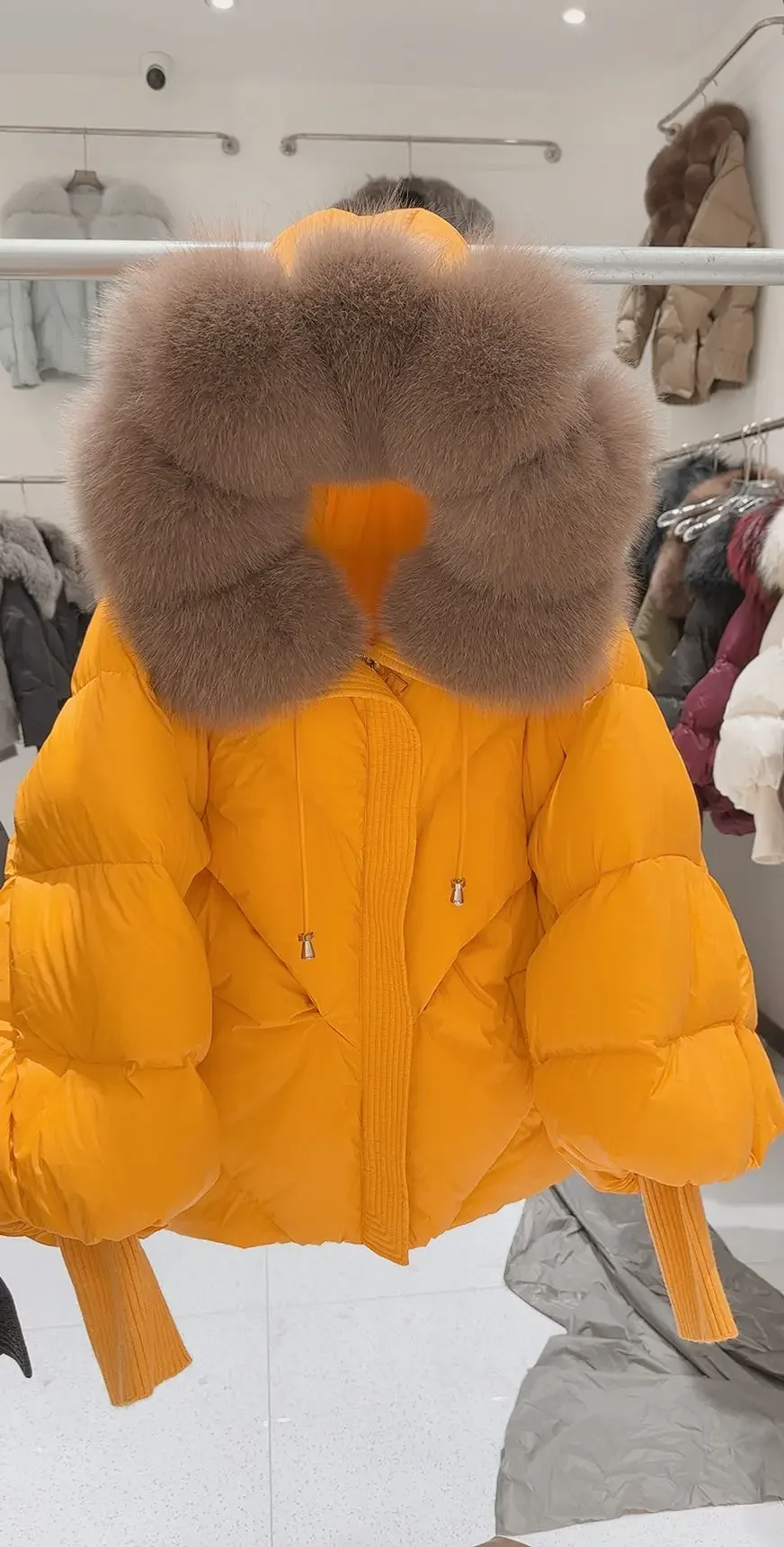 OFTBUY 2025 New Winter Large Real Fur Hooded Puffer Jacket Women White Duck Down Mid Long ParkaThicken Warm Knitted Sleeve Coat