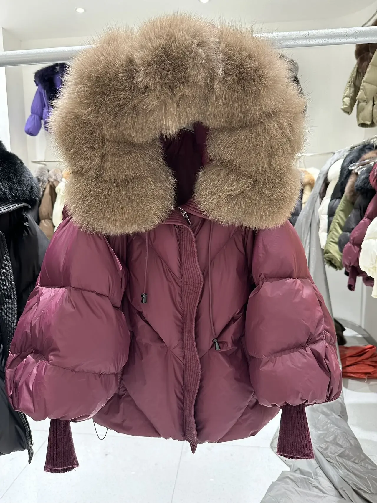 OFTBUY 2025 New Winter Large Real Fur Hooded Puffer Jacket Women White Duck Down Mid Long ParkaThicken Warm Knitted Sleeve Coat