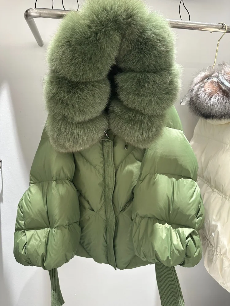 OFTBUY 2025 New Winter Large Real Fur Hooded Puffer Jacket Women White Duck Down Mid Long ParkaThicken Warm Knitted Sleeve Coat