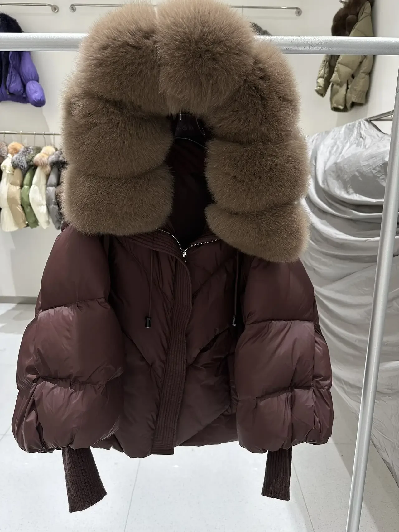 OFTBUY 2025 New Winter Large Real Fur Hooded Puffer Jacket Women White Duck Down Mid Long ParkaThicken Warm Knitted Sleeve Coat