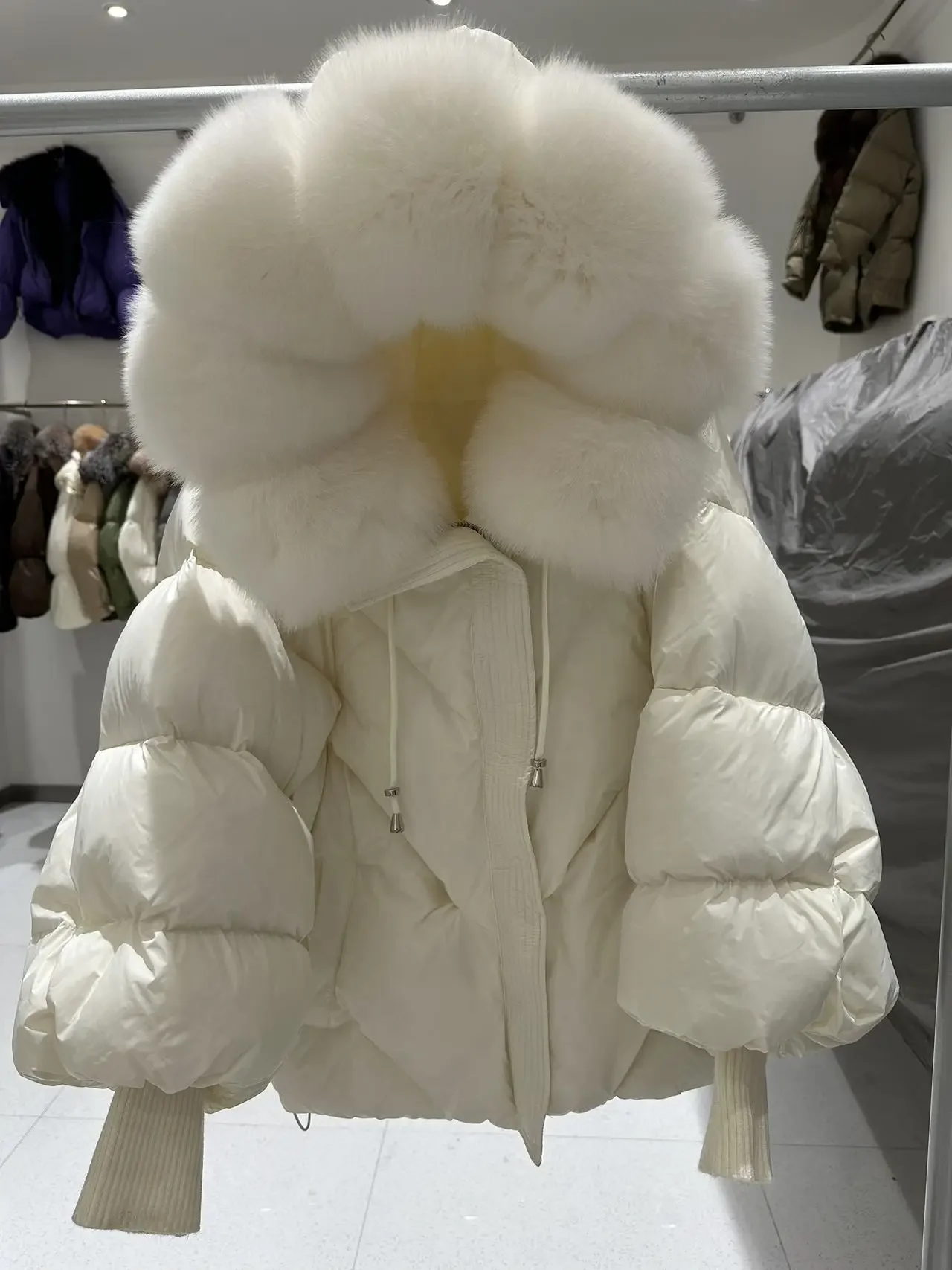 OFTBUY 2025 New Winter Large Real Fur Hooded Puffer Jacket Women White Duck Down Mid Long ParkaThicken Warm Knitted Sleeve Coat