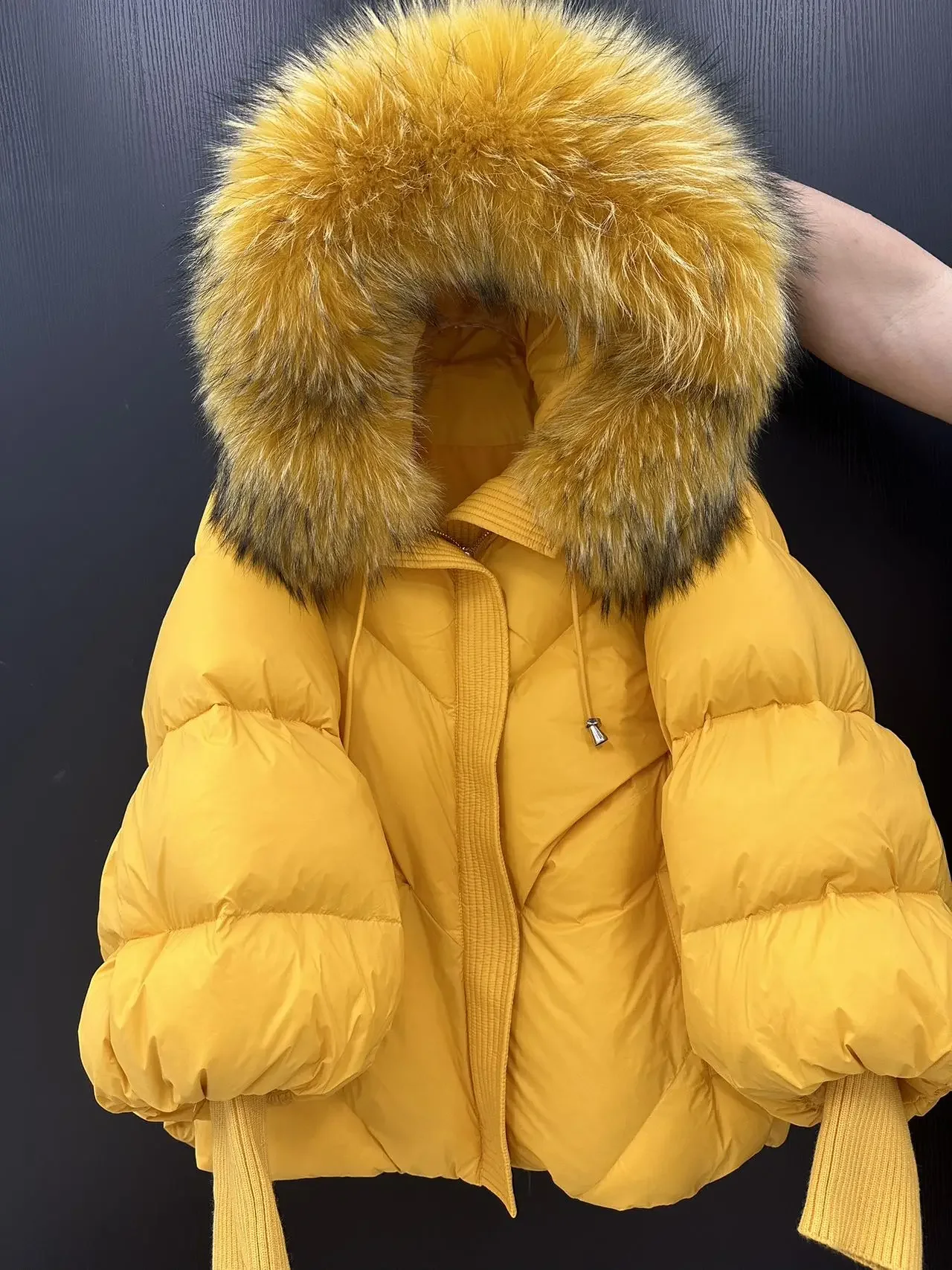 OFTBUY 2025 New Winter Large Real Fur Hooded Puffer Jacket Women White Duck Down Mid Long ParkaThicken Warm Knitted Sleeve Coat