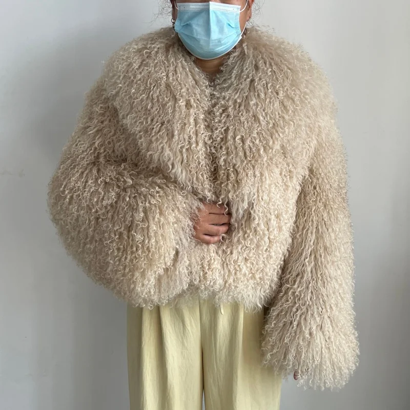 Beiziru Women's Real Mongolian Fur Winter Coat Thick Warm Fashionable Jacket with High-Quality Turndown Collar