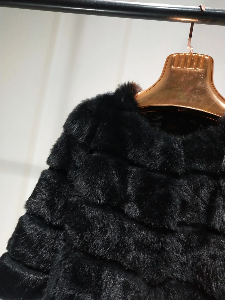 2023 Women New Arrival Genuine Whole Soft Rabbit Fur O Neck Striped Cut Basic For Autumn Winter Real Fur Jacket tsr857