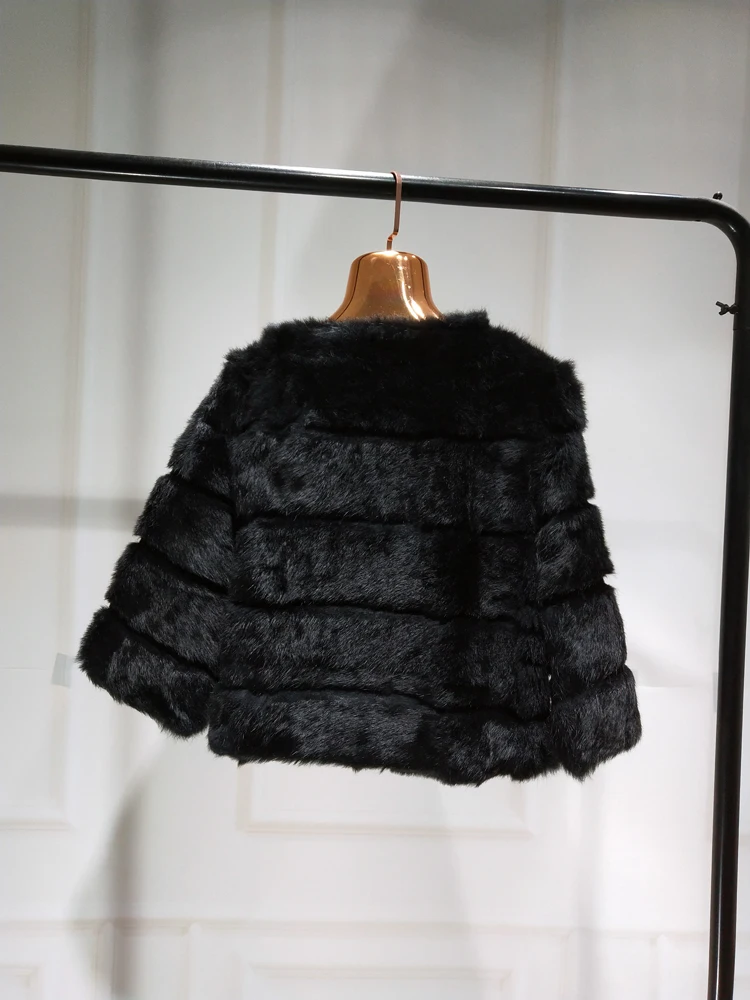 2023 Women New Arrival Genuine Whole Soft Rabbit Fur O Neck Striped Cut Basic For Autumn Winter Real Fur Jacket tsr857