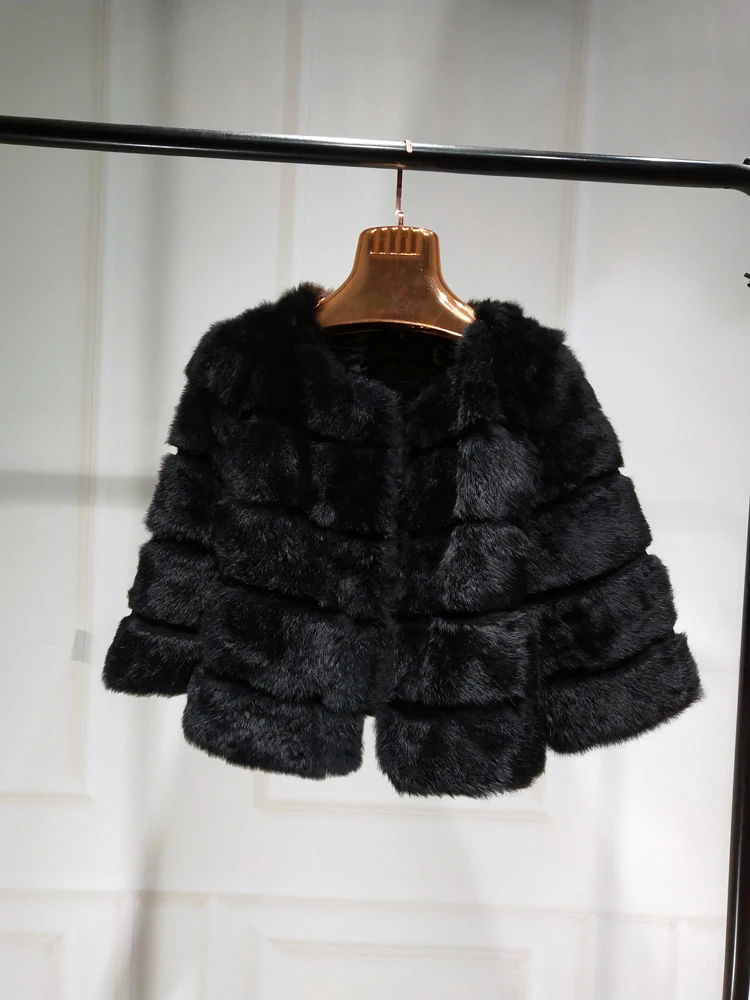 2023 Women New Arrival Genuine Whole Soft Rabbit Fur O Neck Striped Cut Basic For Autumn Winter Real Fur Jacket tsr857